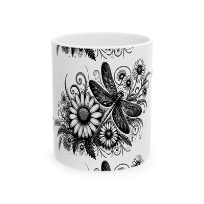Black & White Dragonfly Floral Ceramic Mug (11oz/15oz)