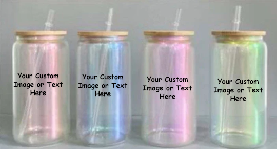Customizable Iridescent 16oz Glass Can with Bamboo Lid