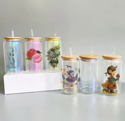 Customizable Iridescent 16oz Glass Can with Bamboo Lid