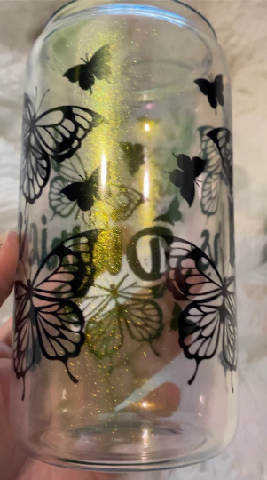 Customizable Iridescent 16oz Glass Can with Bamboo Lid