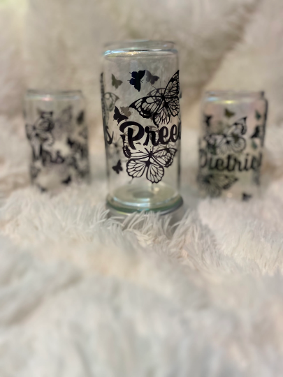 Customizable Iridescent 16oz Glass Can with Bamboo Lid